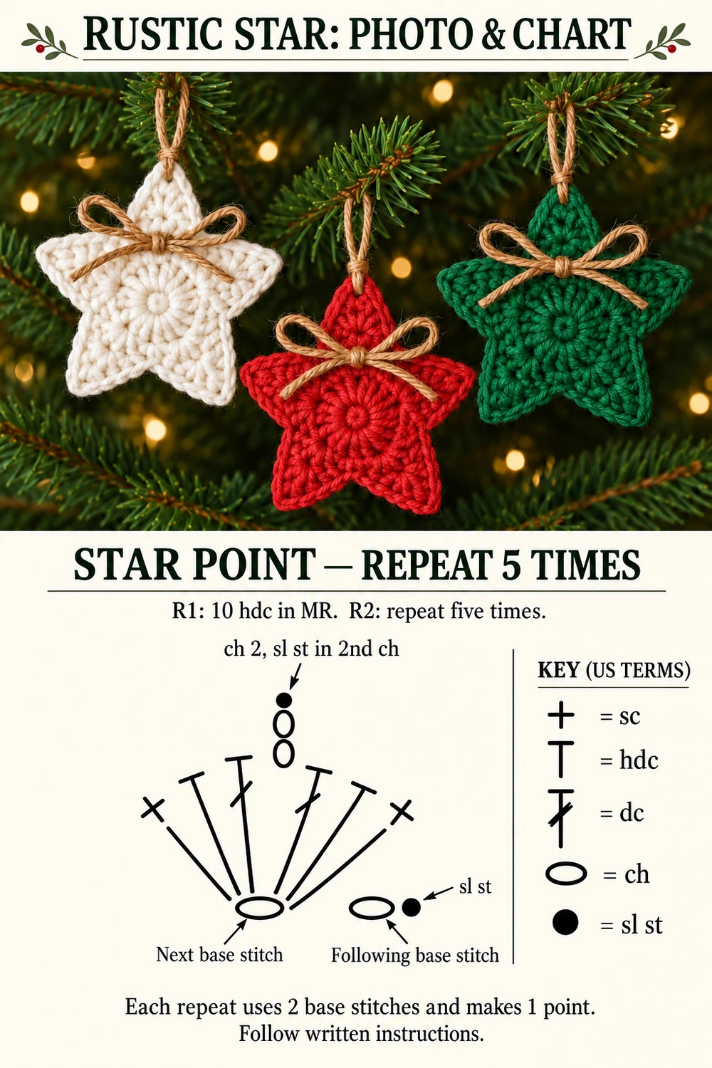 Rustic crochet star photo above one-point stitch-symbol repeat and English legend