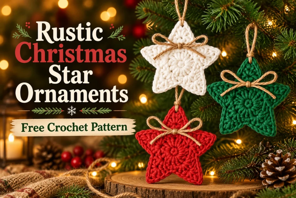 Rustic Christmas Star Ornament Crochet Pattern with ivory green and red stars and jute bows
