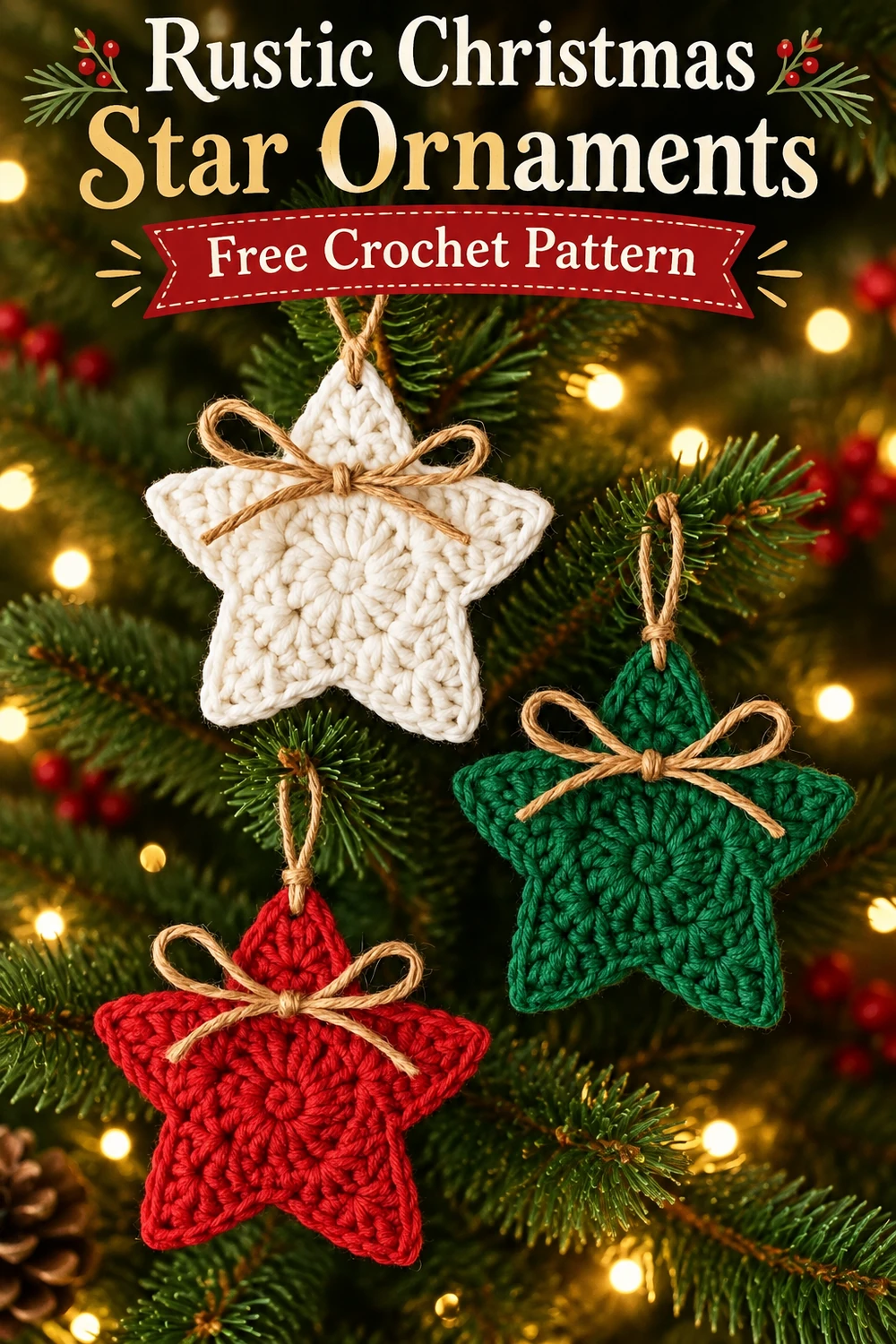 Rustic Christmas Star Ornaments free crochet pattern Pinterest image