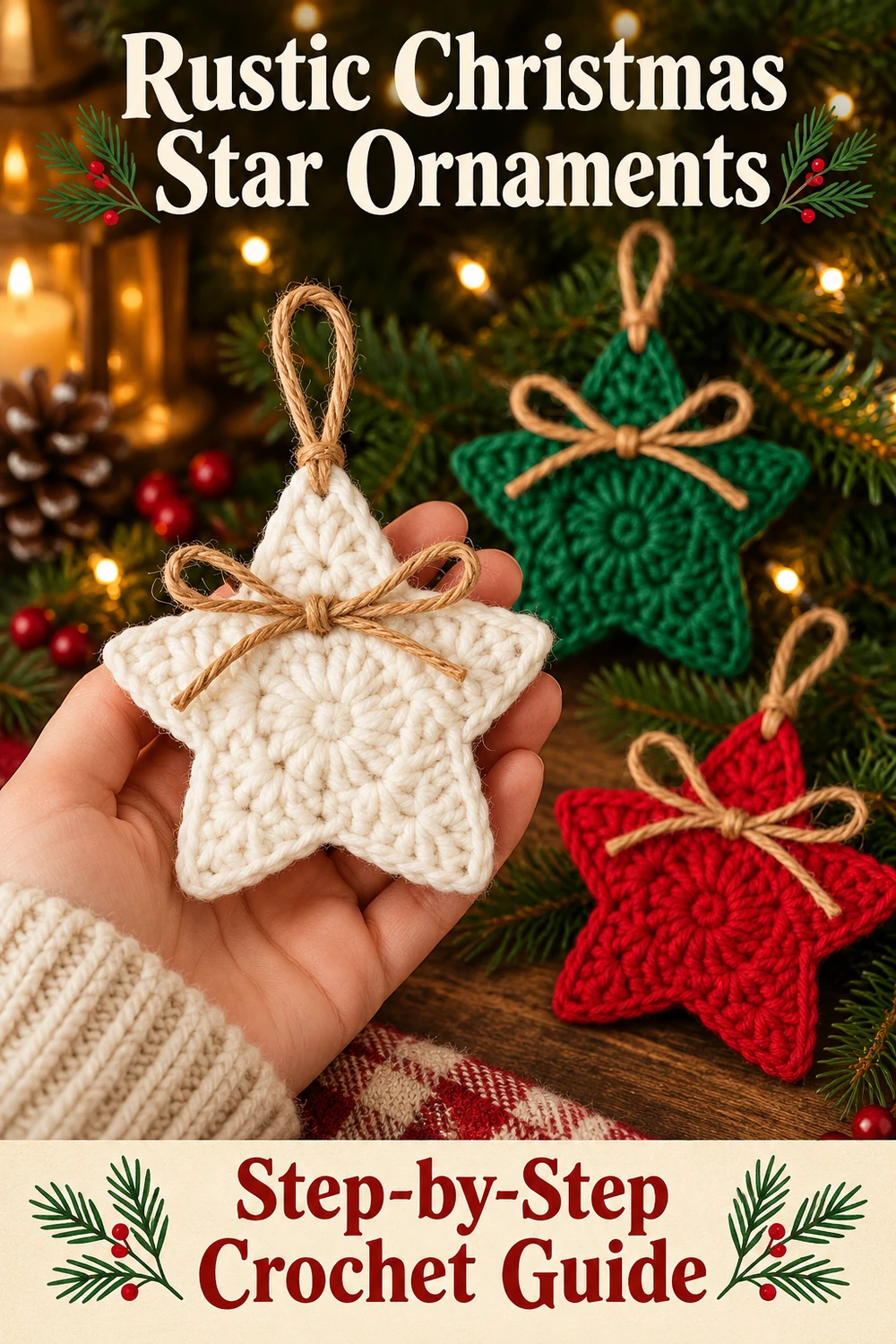 Ivory crochet star with jute bow held in a hand