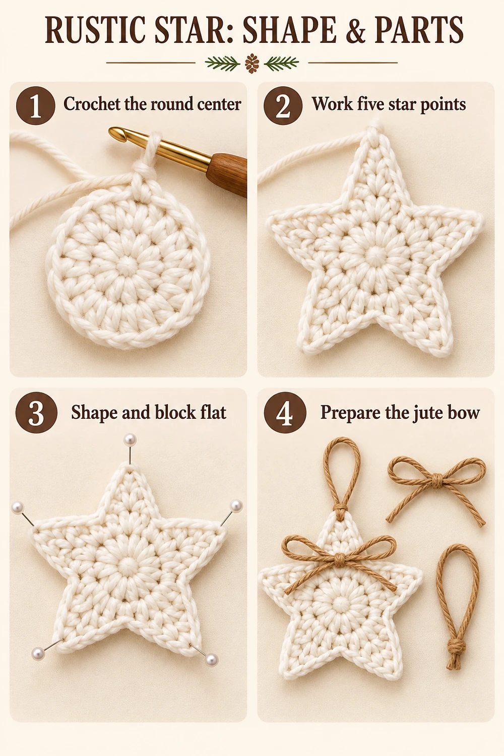 Rustic star crochet tutorial showing center, five points, blocking, and jute bow