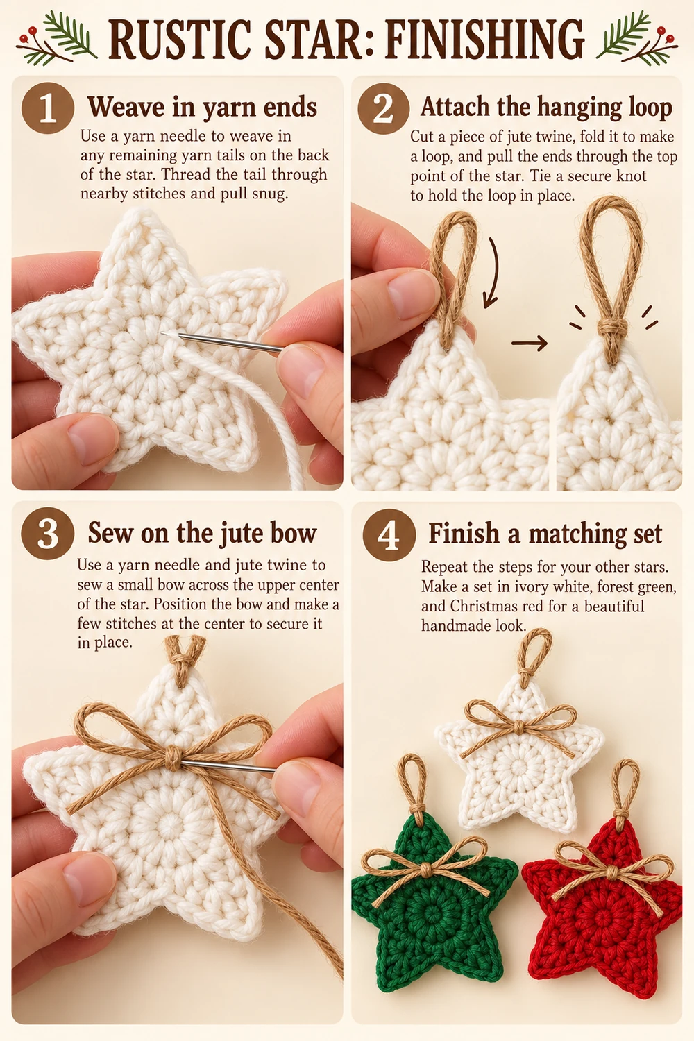 Rustic star finishing photo tutorial showing yarn ends, hanging loop, and bow attachment