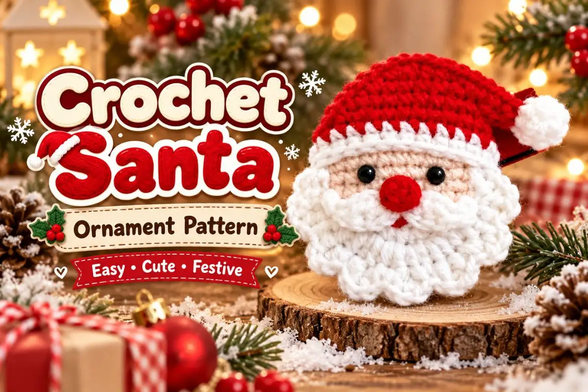 Santa ornament crochet pattern with red hat, white scalloped beard, white moustache and round red nose