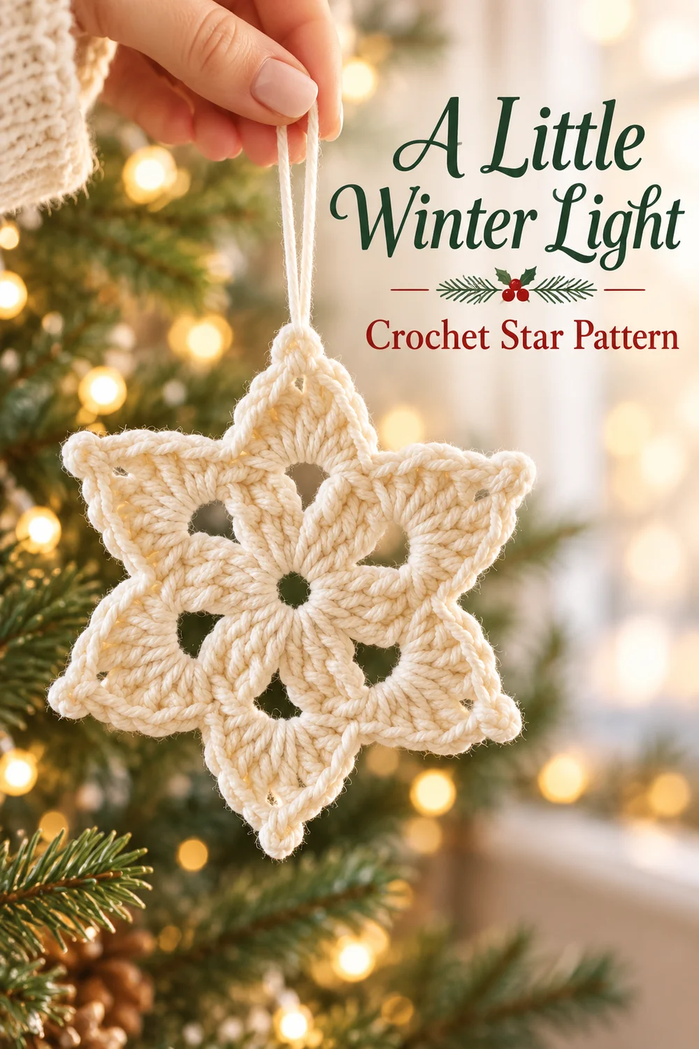 Cream crochet six-point star held by its hanging loop