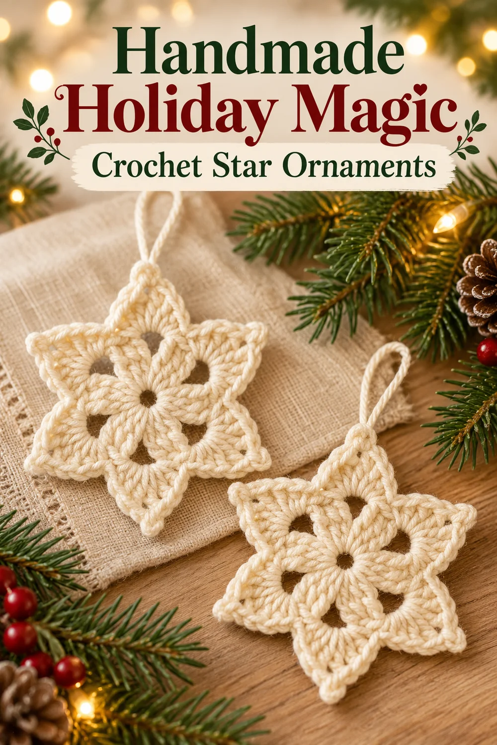Two cream six-point crochet star Christmas ornaments