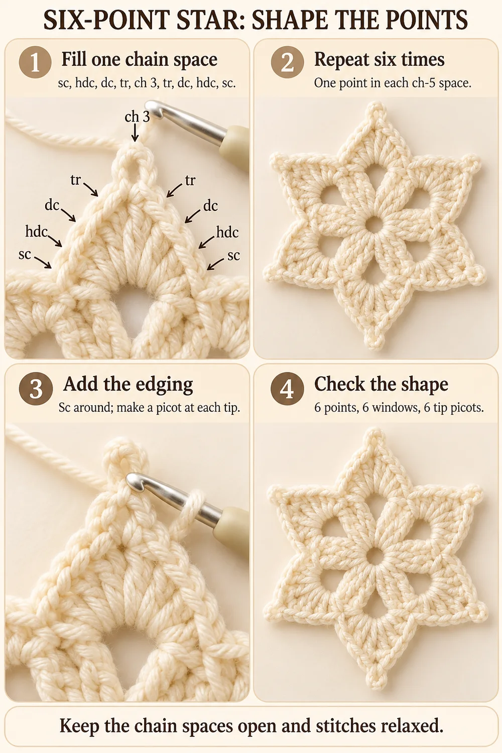Six-point star crochet photo tutorial showing pointed fans and picot edging