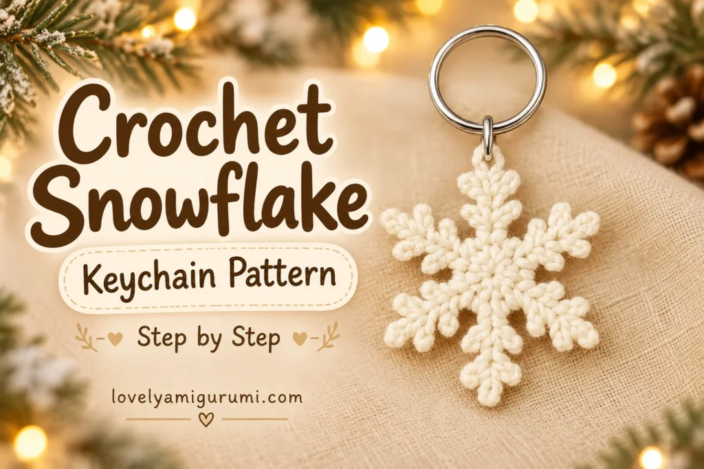 Snowflake Keychain Crochet Pattern with cream branches and a silver ring