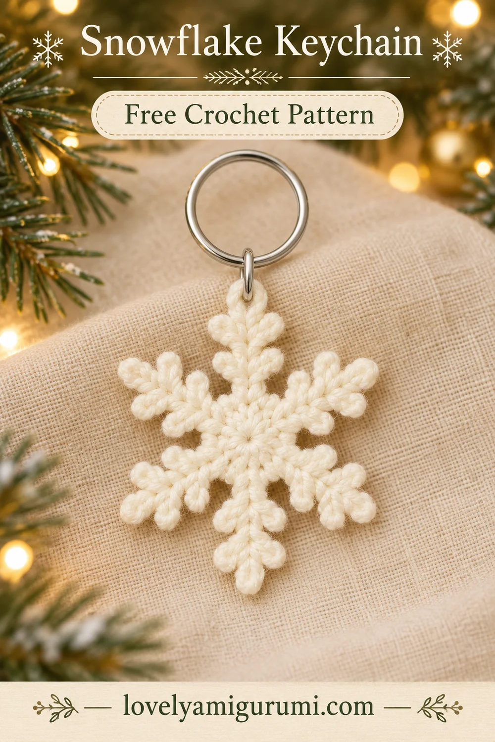 Cream snowflake keychain free crochet pattern Pinterest image