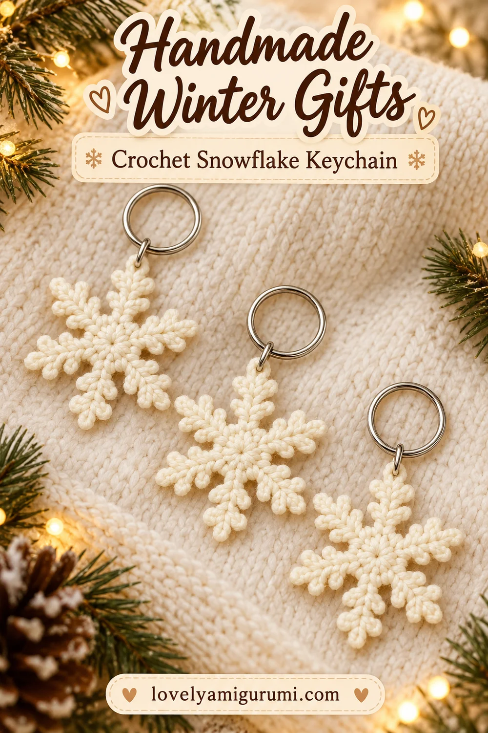 Handmade cream crochet snowflake keychains for winter gifts