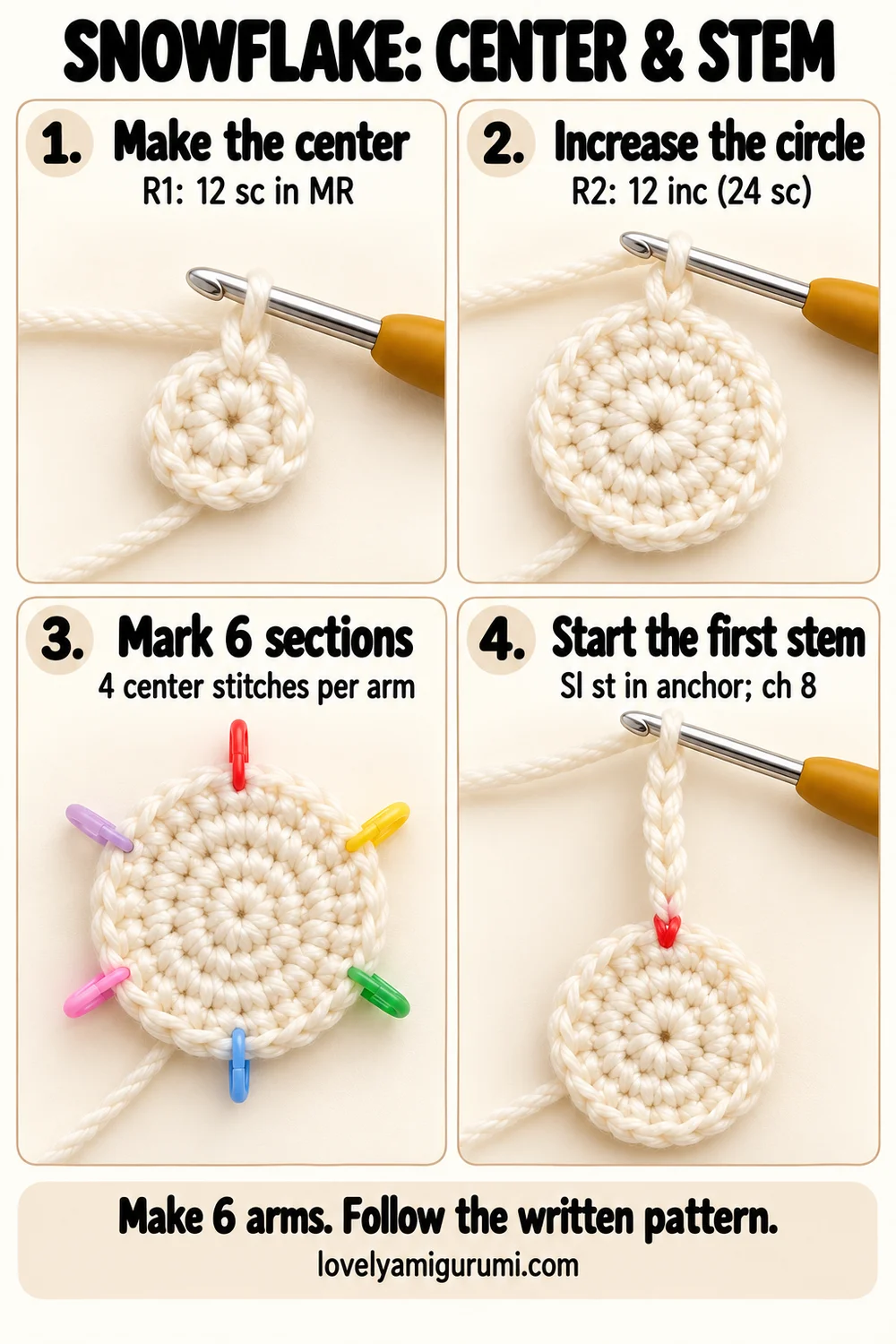Snowflake crochet tutorial showing the center and chain stem