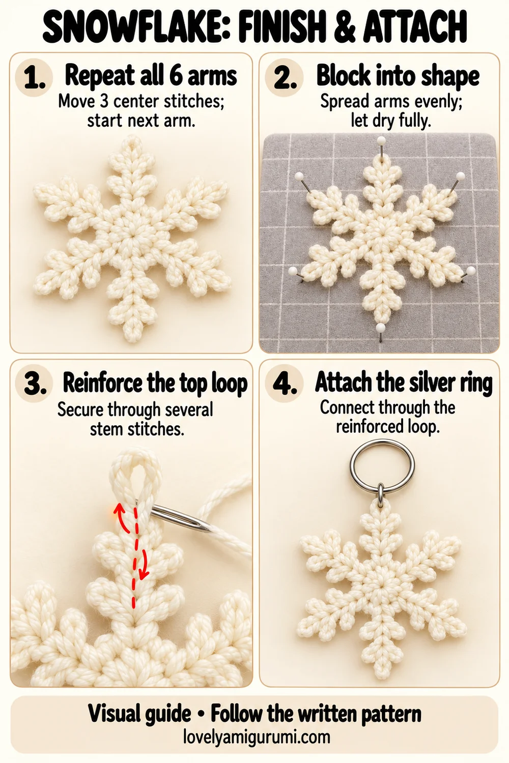 Snowflake crochet tutorial showing blocking and keyring attachment