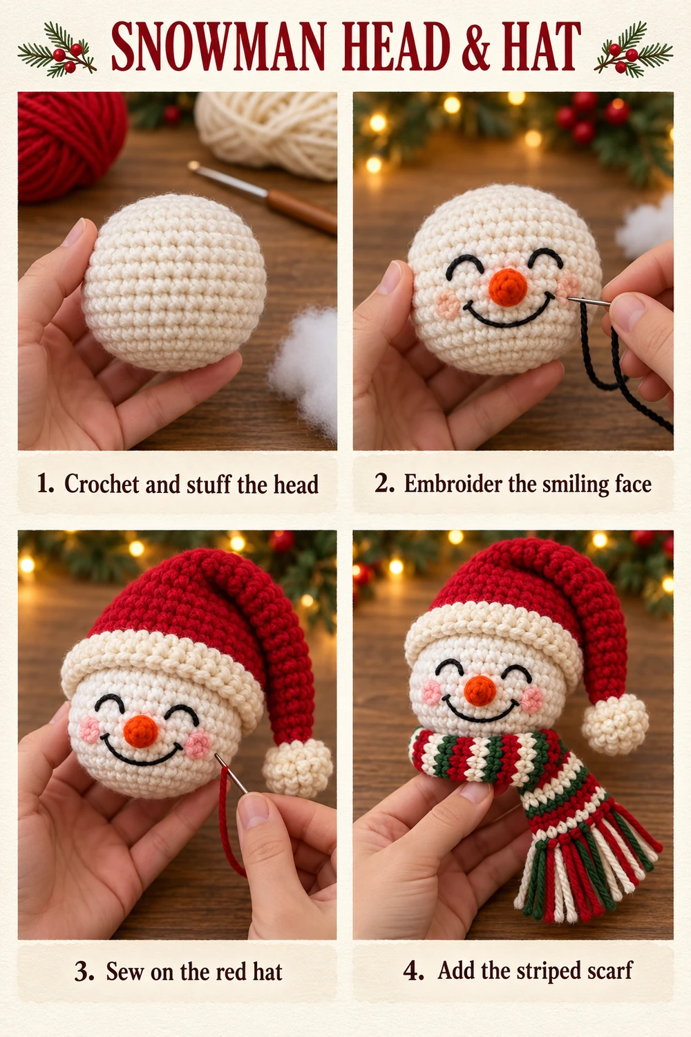 Snowman head, embroidered face, Santa hat and scarf photo tutorial