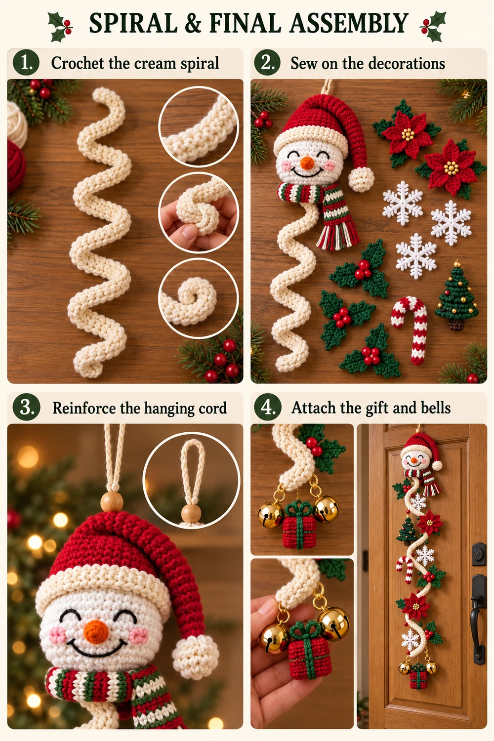 Cream crochet spiral and door hanging assembly photo tutorial