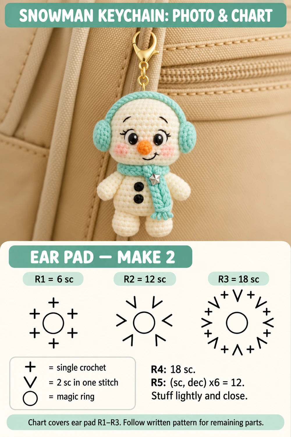 Finished snowman above ear-pad stitch-symbol chart and English legend