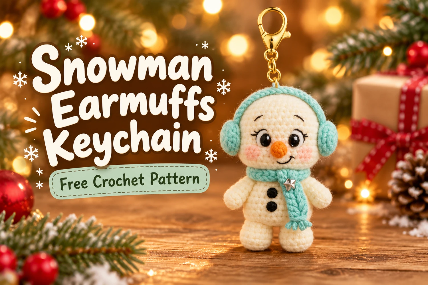 Snowman Earmuffs Keychain Crochet Pattern with mint scarf and gold clasp