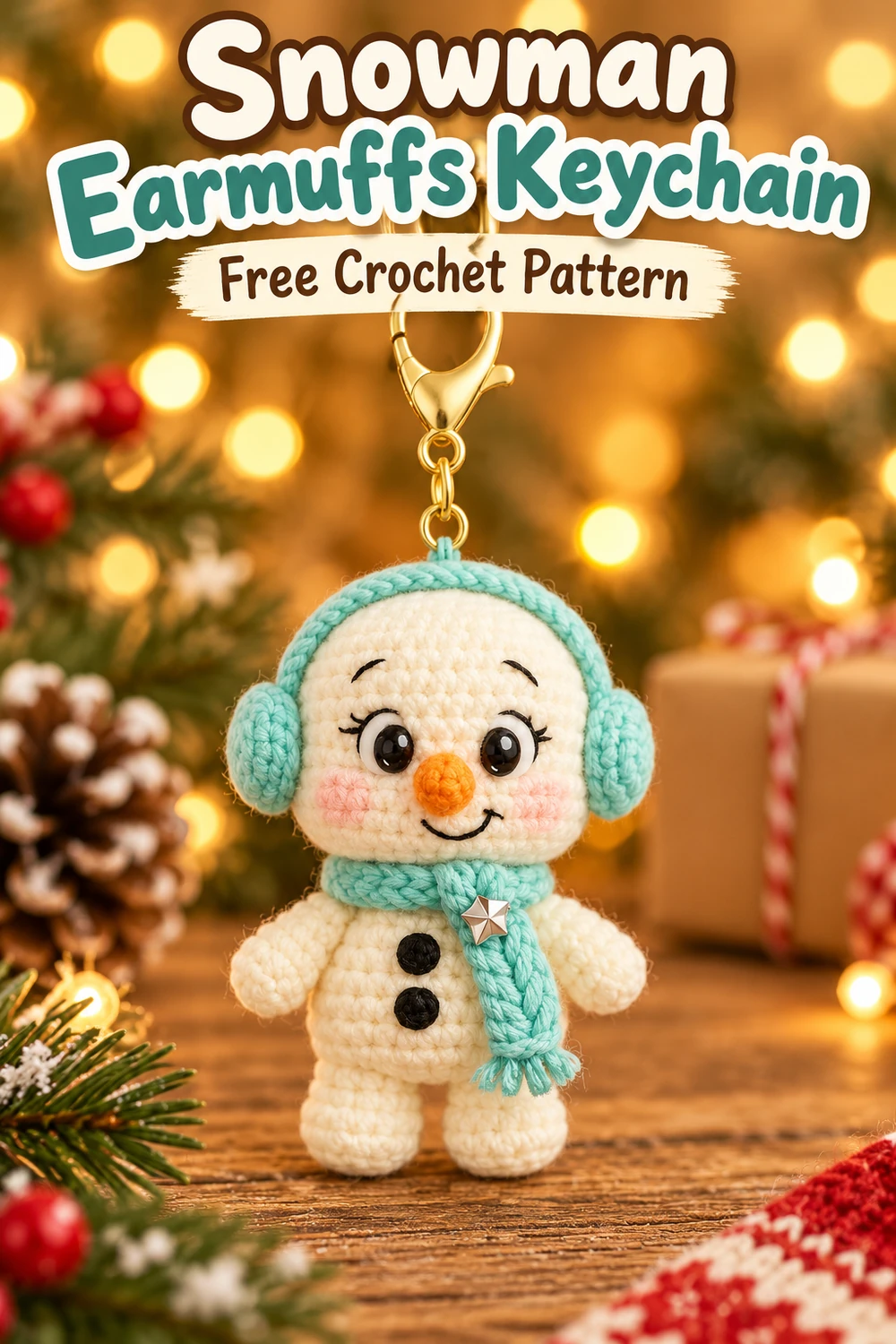 Snowman Earmuffs Keychain Crochet Pattern Pinterest image