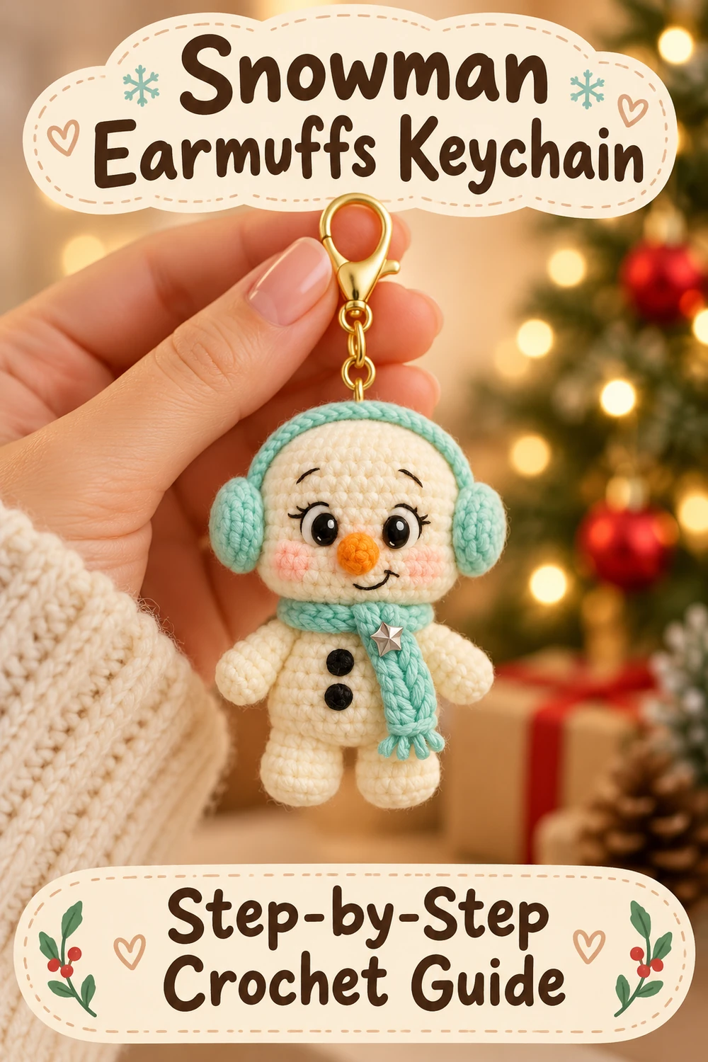 Tiny snowman keychain with mint earmuffs held in a hand