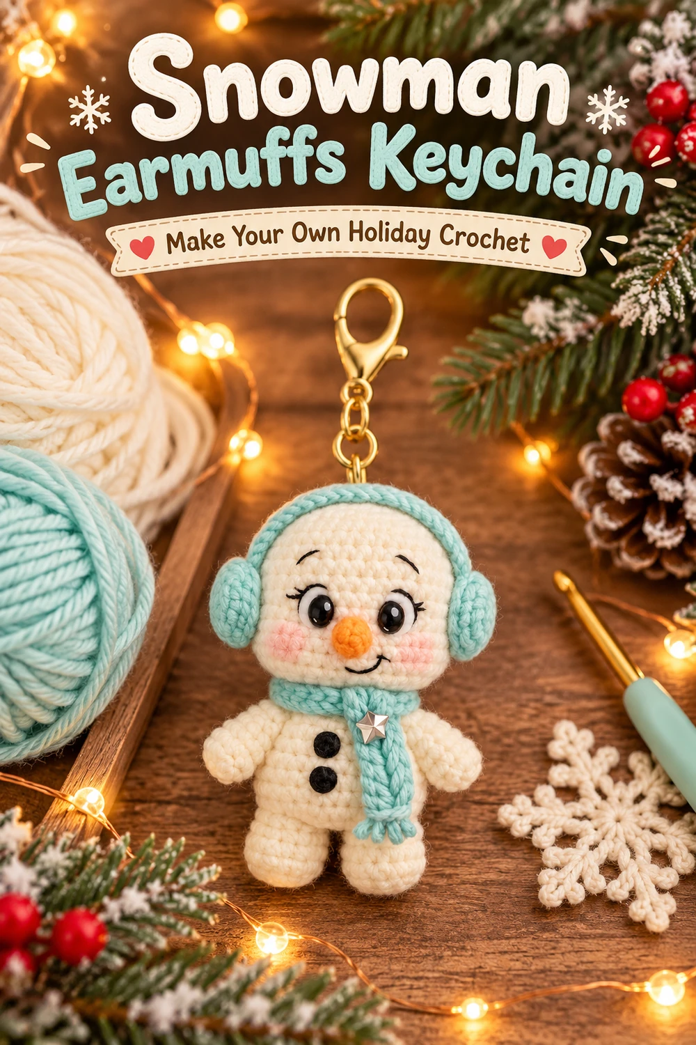 Crochet snowman bag charm with mint yarn and holiday craft materials