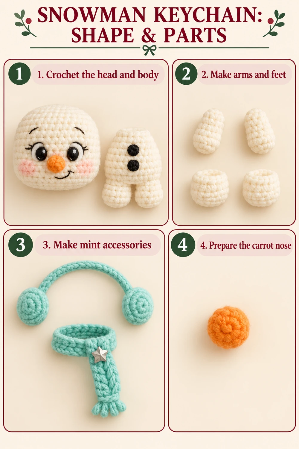 Snowman crochet tutorial showing head, body, limbs, and mint accessories