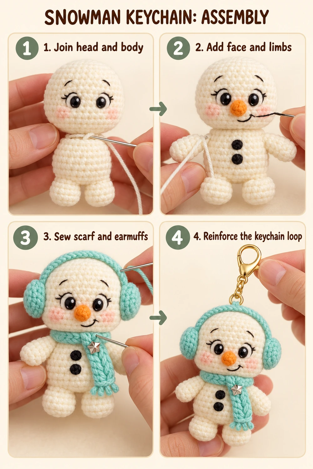Snowman keychain assembly photo tutorial with reinforced hanging loop