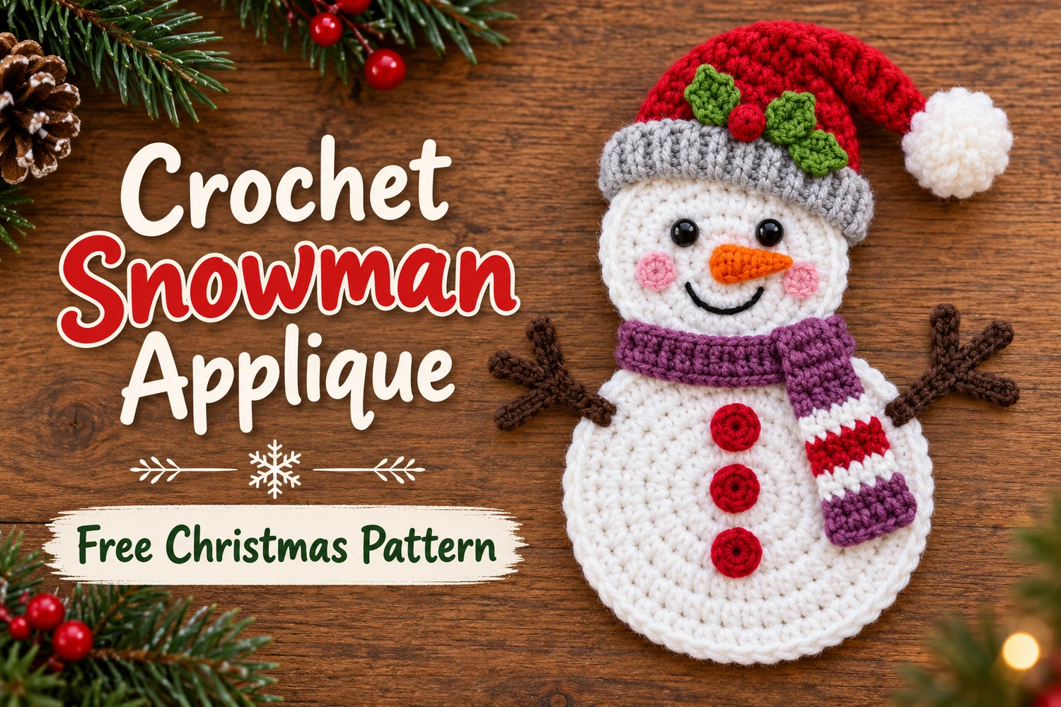 Striped Scarf Snowman Applique Crochet Pattern — cover showing flat snowman with red hat, gray brim, mauve scarf and three red buttons