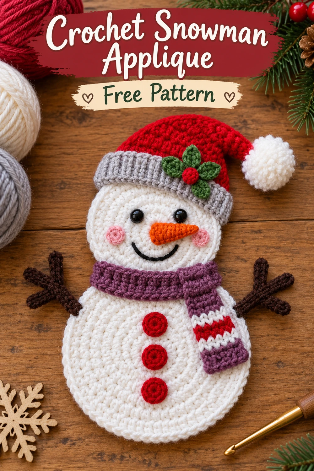 Striped Scarf Snowman Applique Crochet Pattern — Pinterest snowman applique with striped scarf on warm wood