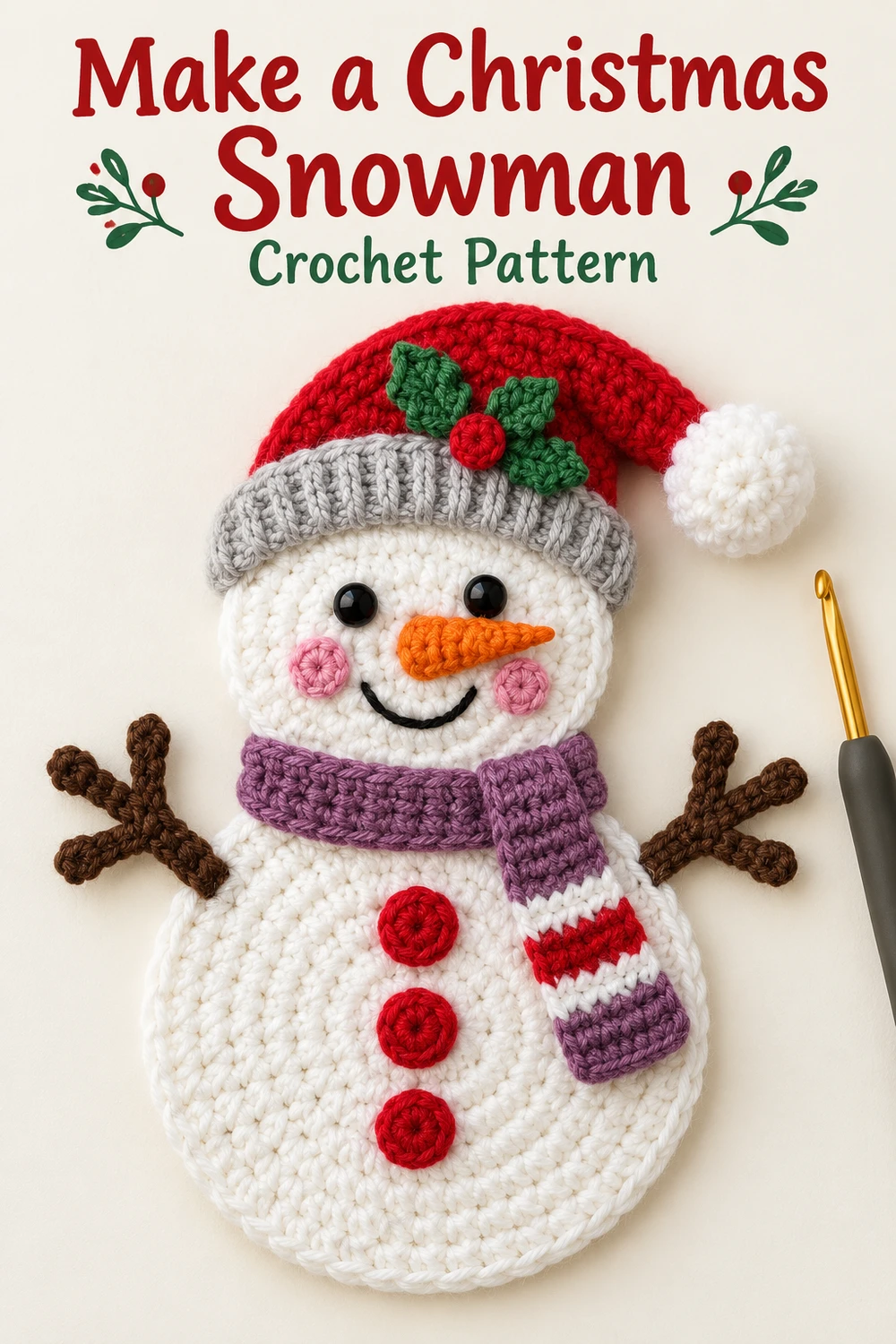 Striped Scarf Snowman Applique Crochet Pattern — Pinterest Christmas snowman with gray brim and red buttons