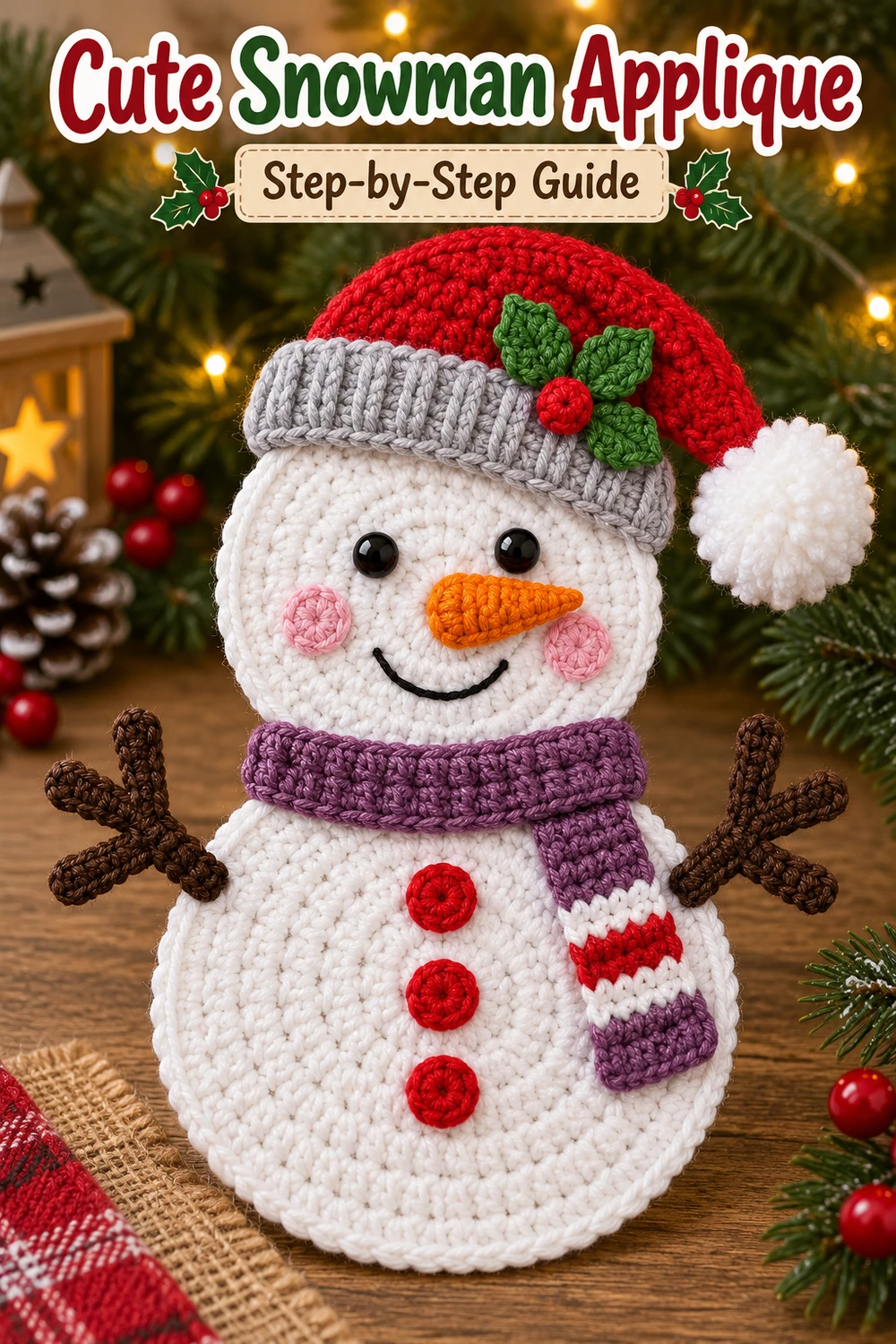 Striped Scarf Snowman Applique Crochet Pattern — Pinterest flat snowman with twig arms and mauve scarf