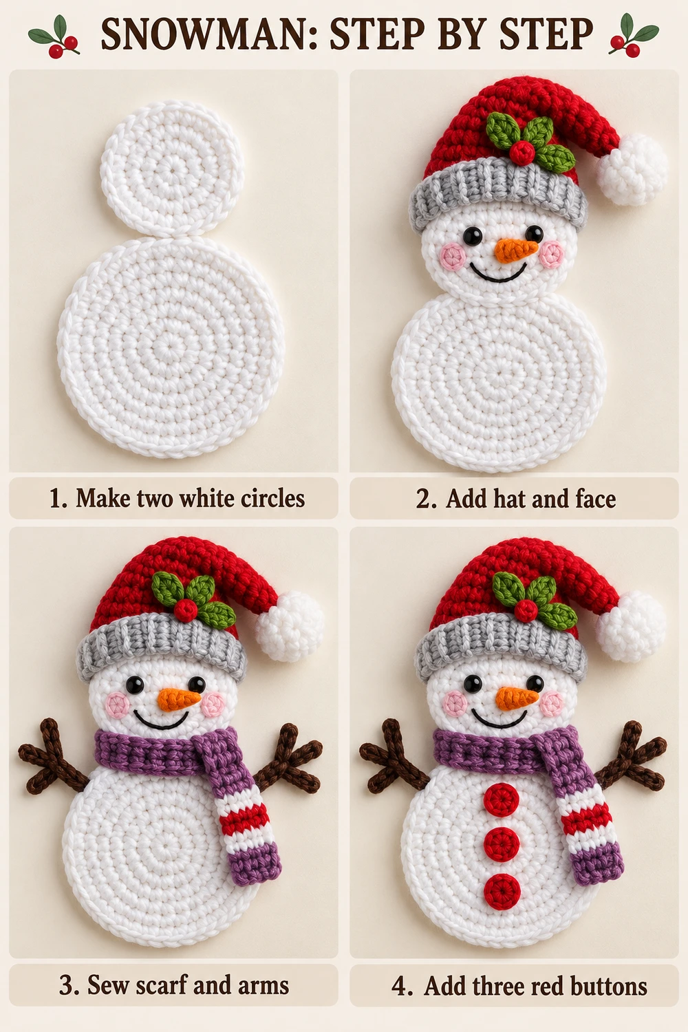 Striped Scarf Snowman Applique Crochet Pattern — photo tutorial for white circles, hat, face, scarf and twig arms
