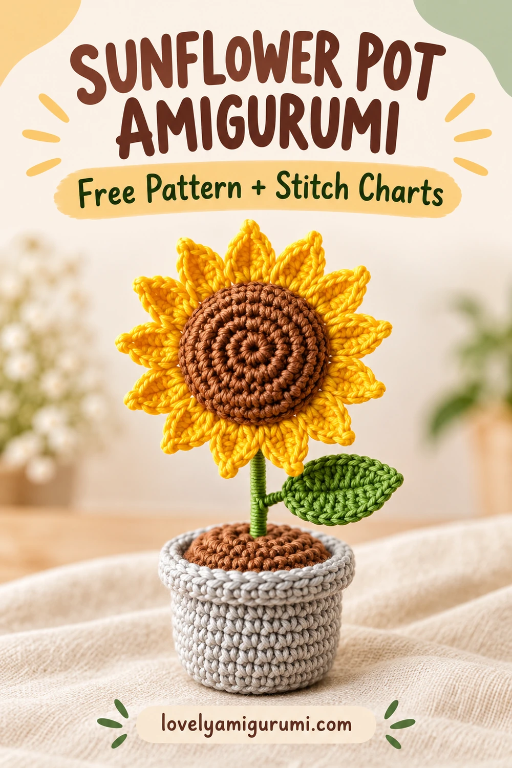 sunflower pot amigurumi with yellow petals, a green leaf and a gray pot Pinterest pin 2