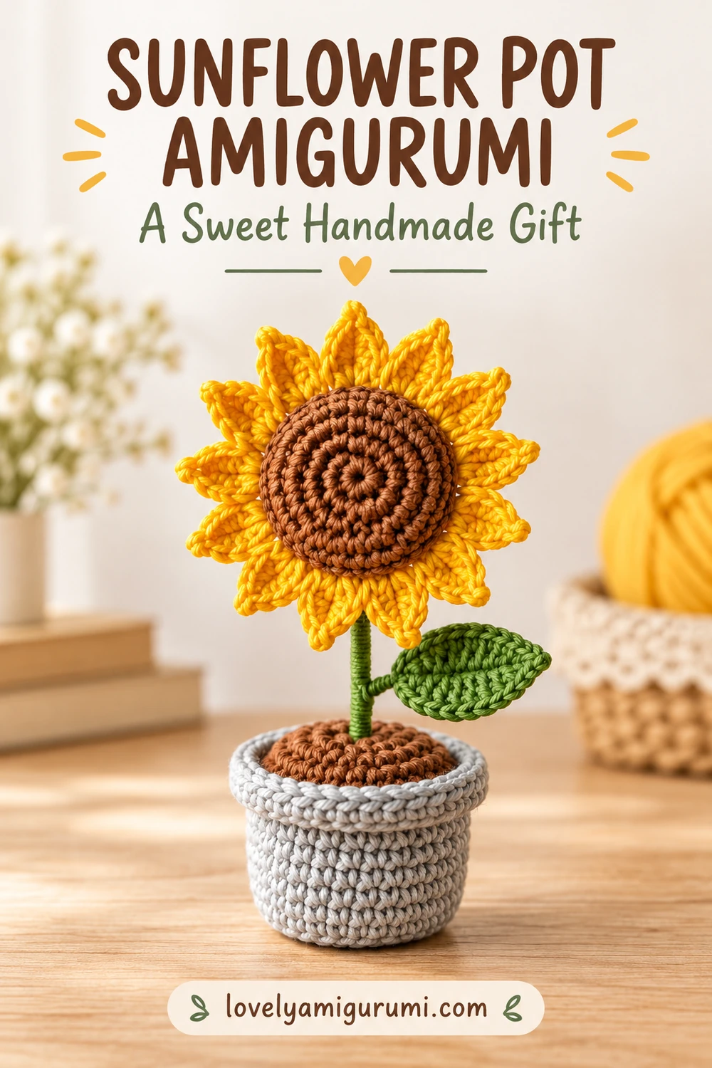 sunflower pot amigurumi with yellow petals, a green leaf and a gray pot Pinterest pin 3
