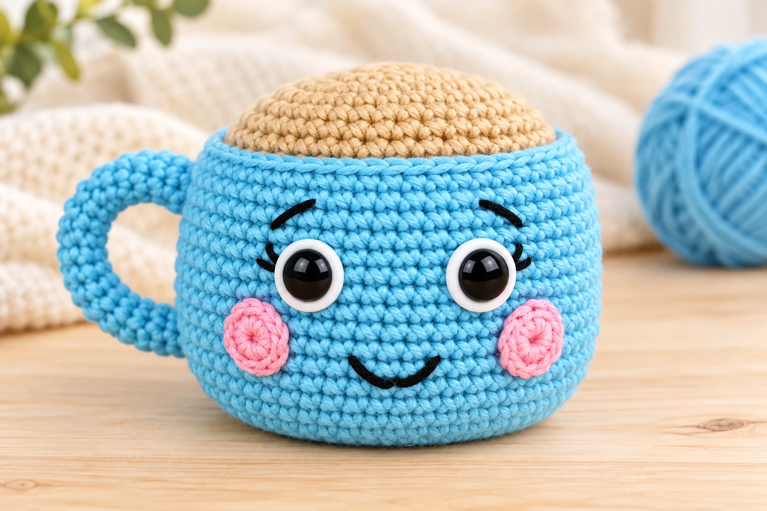 Teacup amigurumi crochet pattern with a smiling blue cup, pink cheeks and a tan tea cap