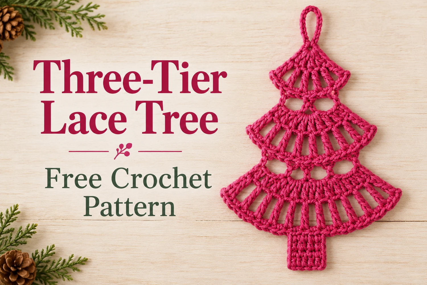 Three Tier Lace Christmas Tree Crochet Pattern — raspberry pink three-fan lace tree with short trunk