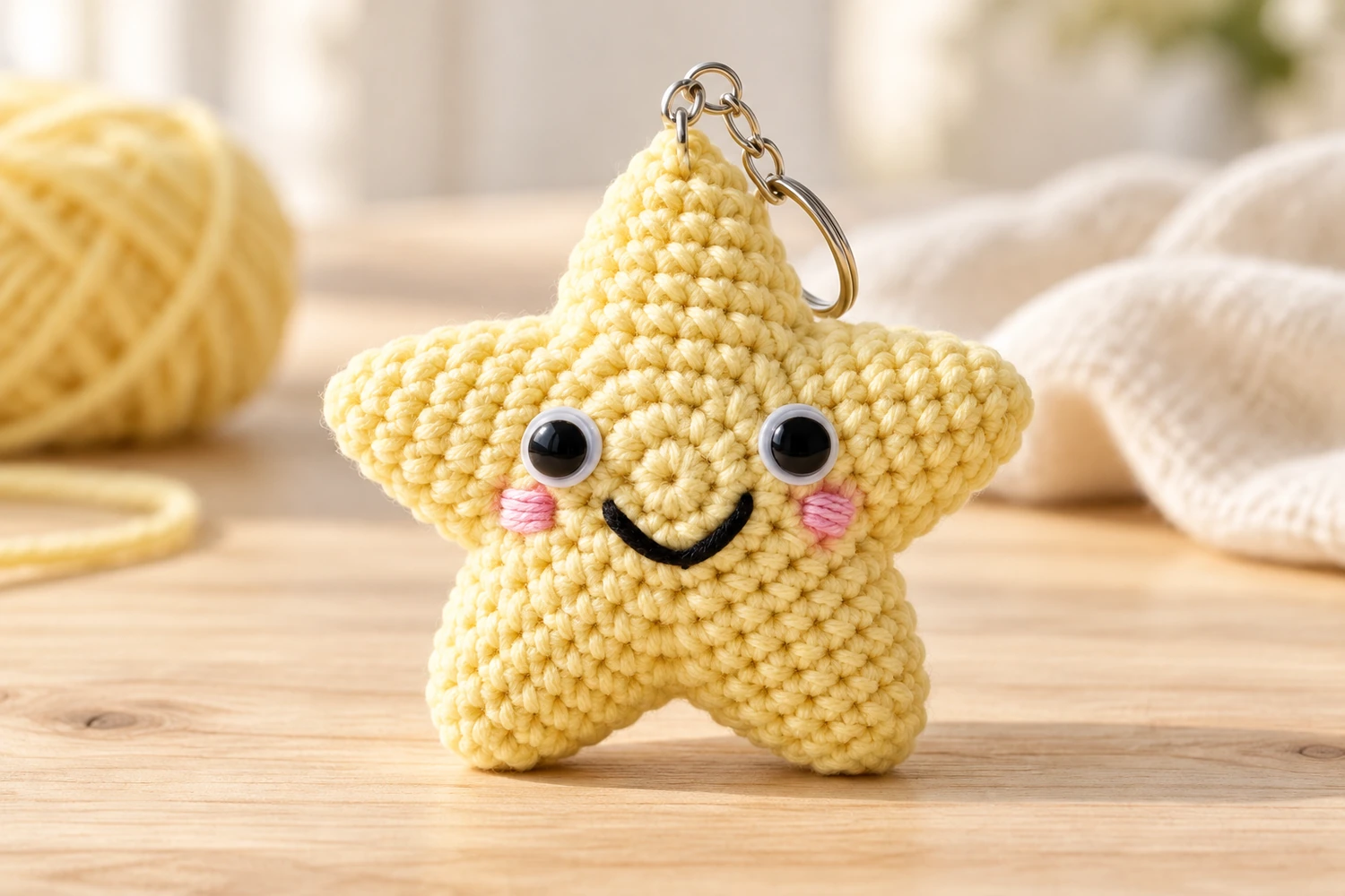 tiny star amigurumi free crochet pattern with five yellow points and a smiling face
