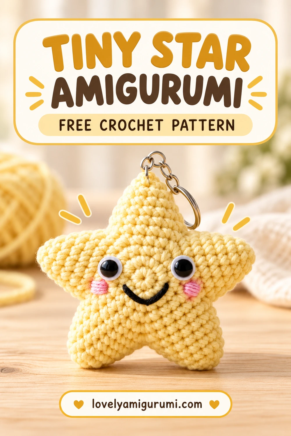 tiny star amigurumi free crochet pattern with five yellow points and a smiling face Pinterest pin 1