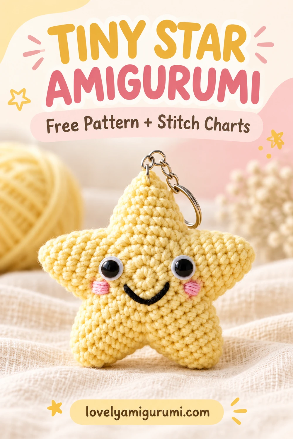 tiny star amigurumi free crochet pattern with five yellow points and a smiling face Pinterest pin 2