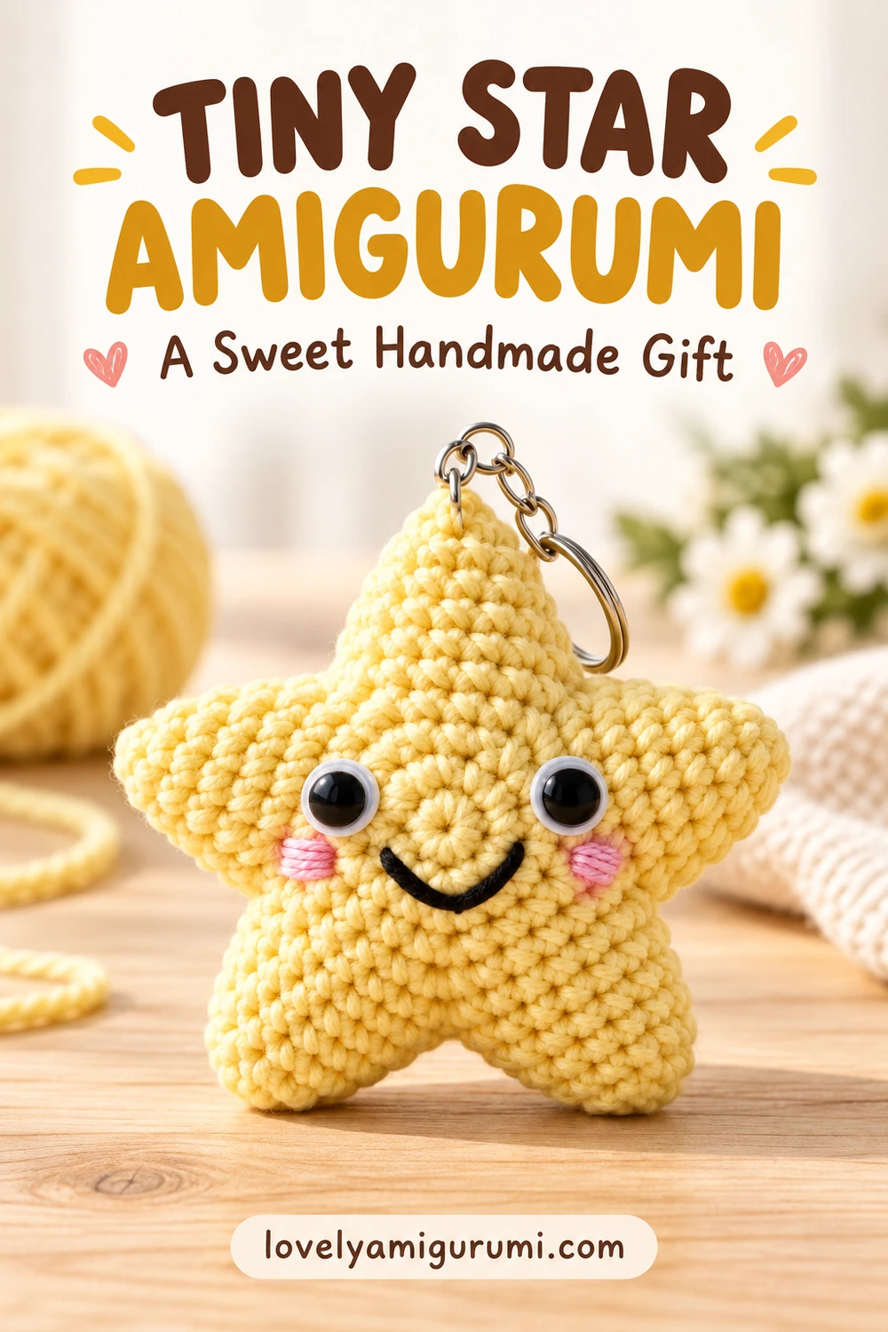 tiny star amigurumi free crochet pattern with five yellow points and a smiling face Pinterest pin 3