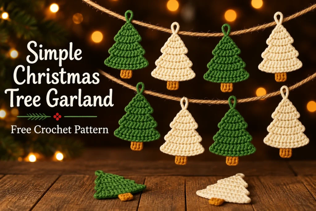 Simple Christmas Tree Garland Crochet Pattern cover with green and cream trees