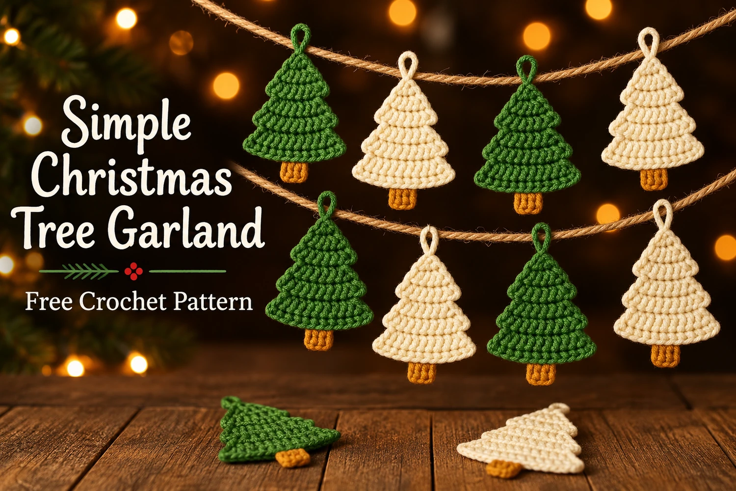 Simple Christmas Tree Garland Crochet Pattern cover with green and cream trees