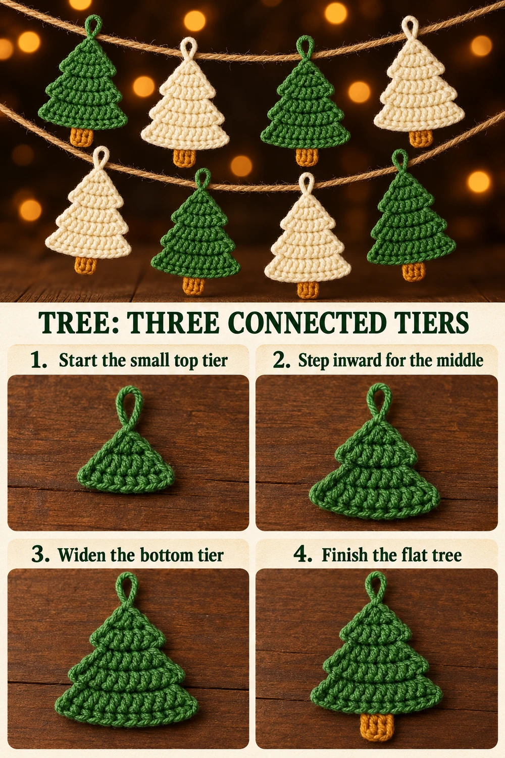 Photo tutorial for three connected double-crochet branch tiers of a flat Christmas tree