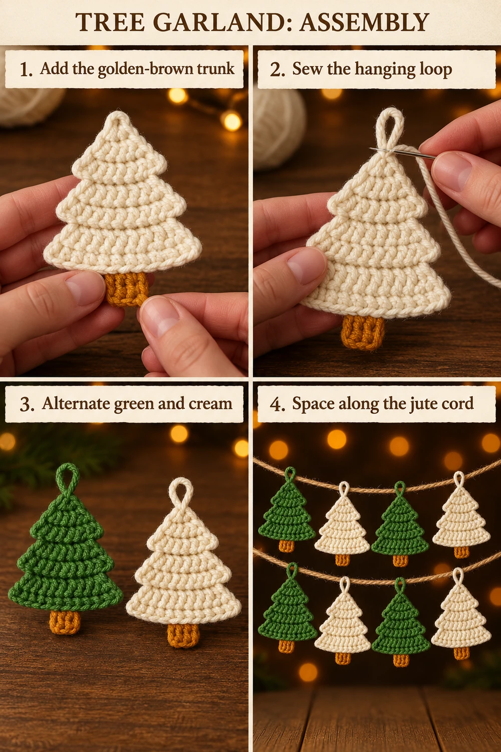 Photo tutorial for the trunk, hanging loop, alternating colors and jute garland assembly