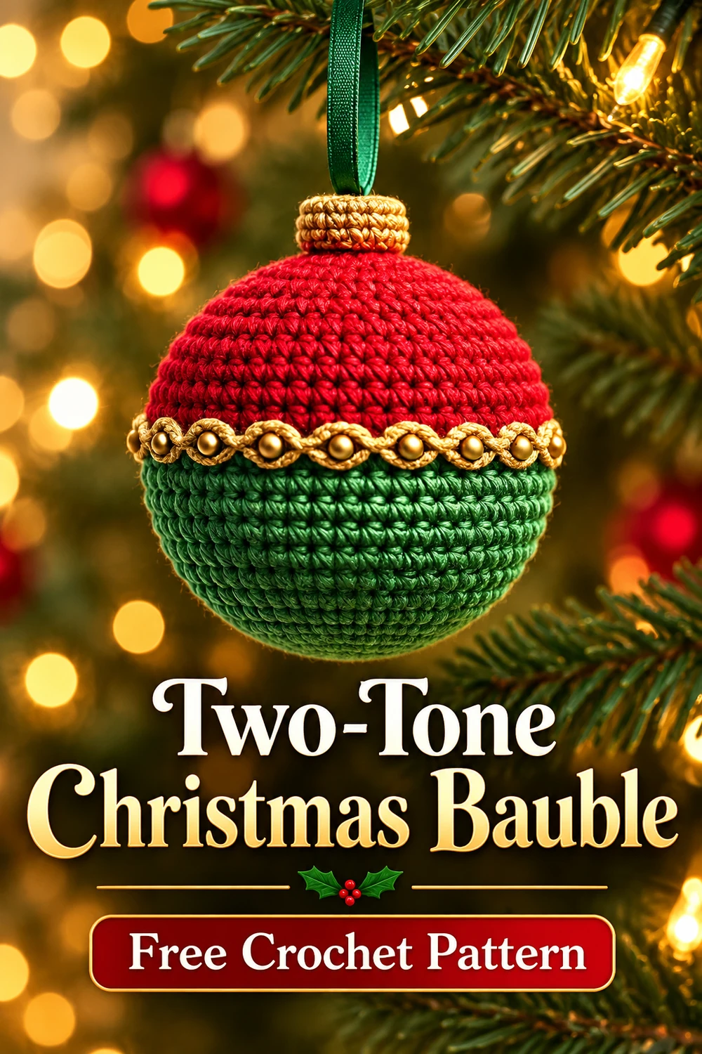 Two-Tone Christmas Bauble Crochet Pattern — Christmas crochet ornament Pinterest image one