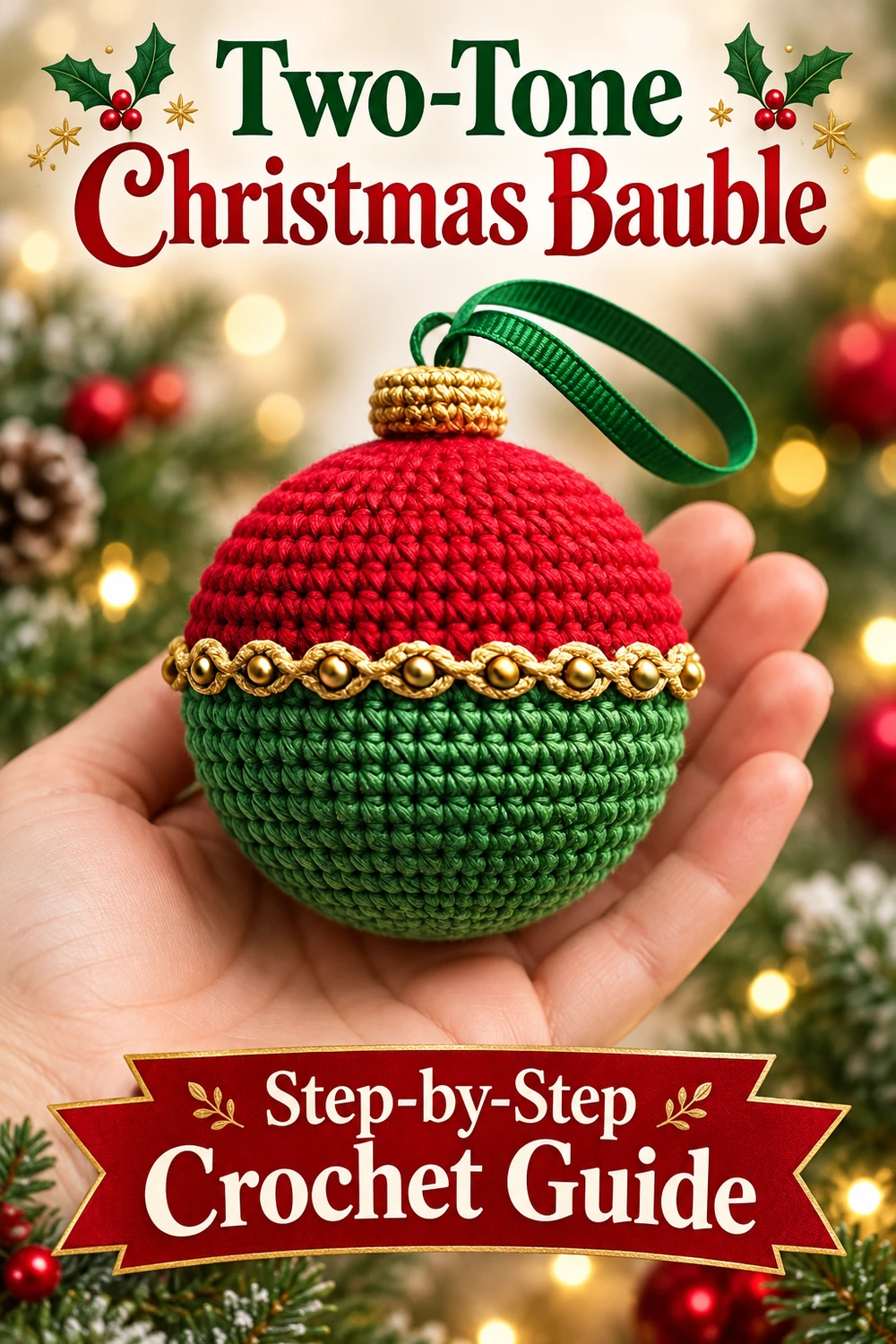 Two-Tone Christmas Bauble Crochet Pattern — Christmas crochet ornament Pinterest image two