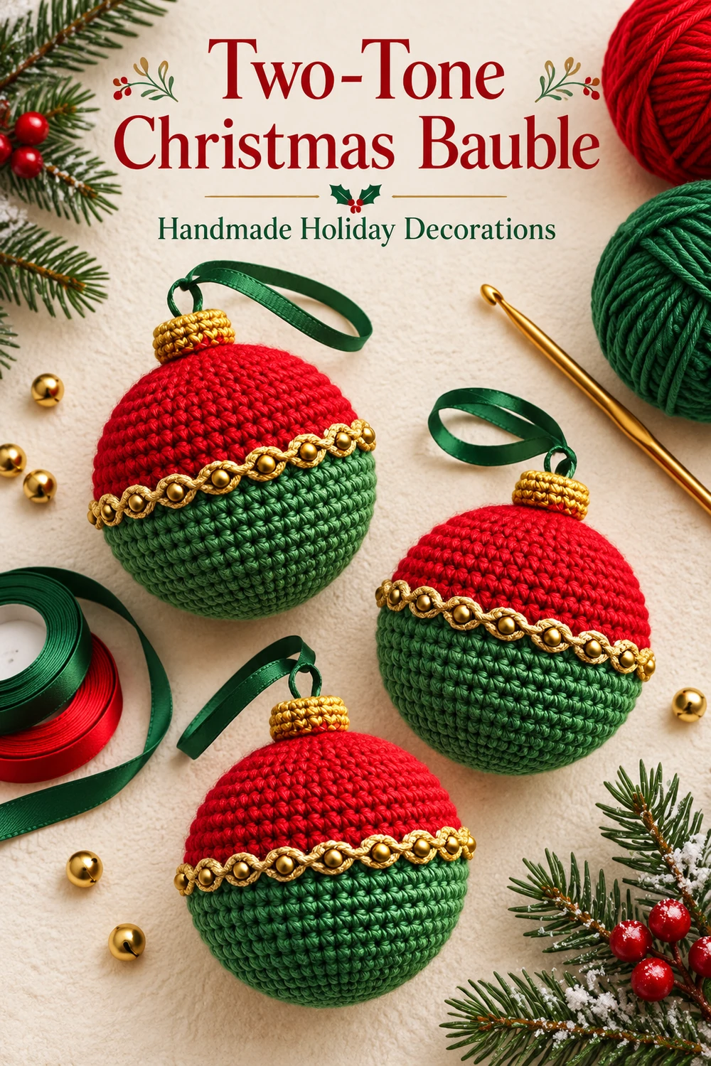 Two-Tone Christmas Bauble Crochet Pattern — Christmas crochet ornament Pinterest image three