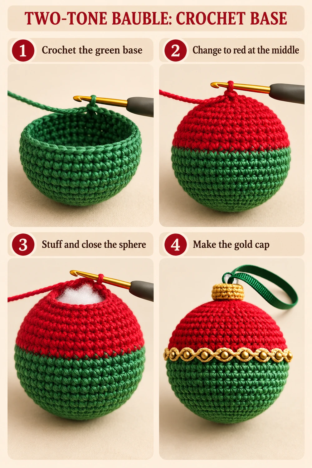 Two-Tone Christmas Bauble Crochet Pattern — Sphere construction photo tutorial