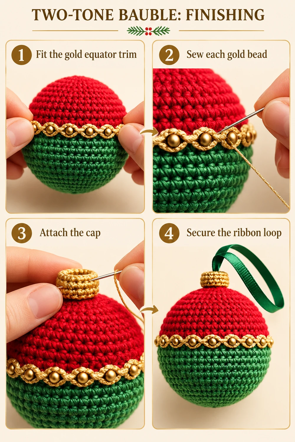 Two-Tone Christmas Bauble Crochet Pattern — Gold trim and hanging loop photo tutorial
