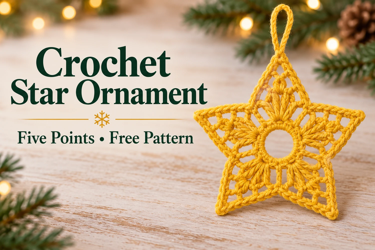 Yellow Five Point Star Crochet Pattern — cover showing yellow five-point ornament and hanging loop