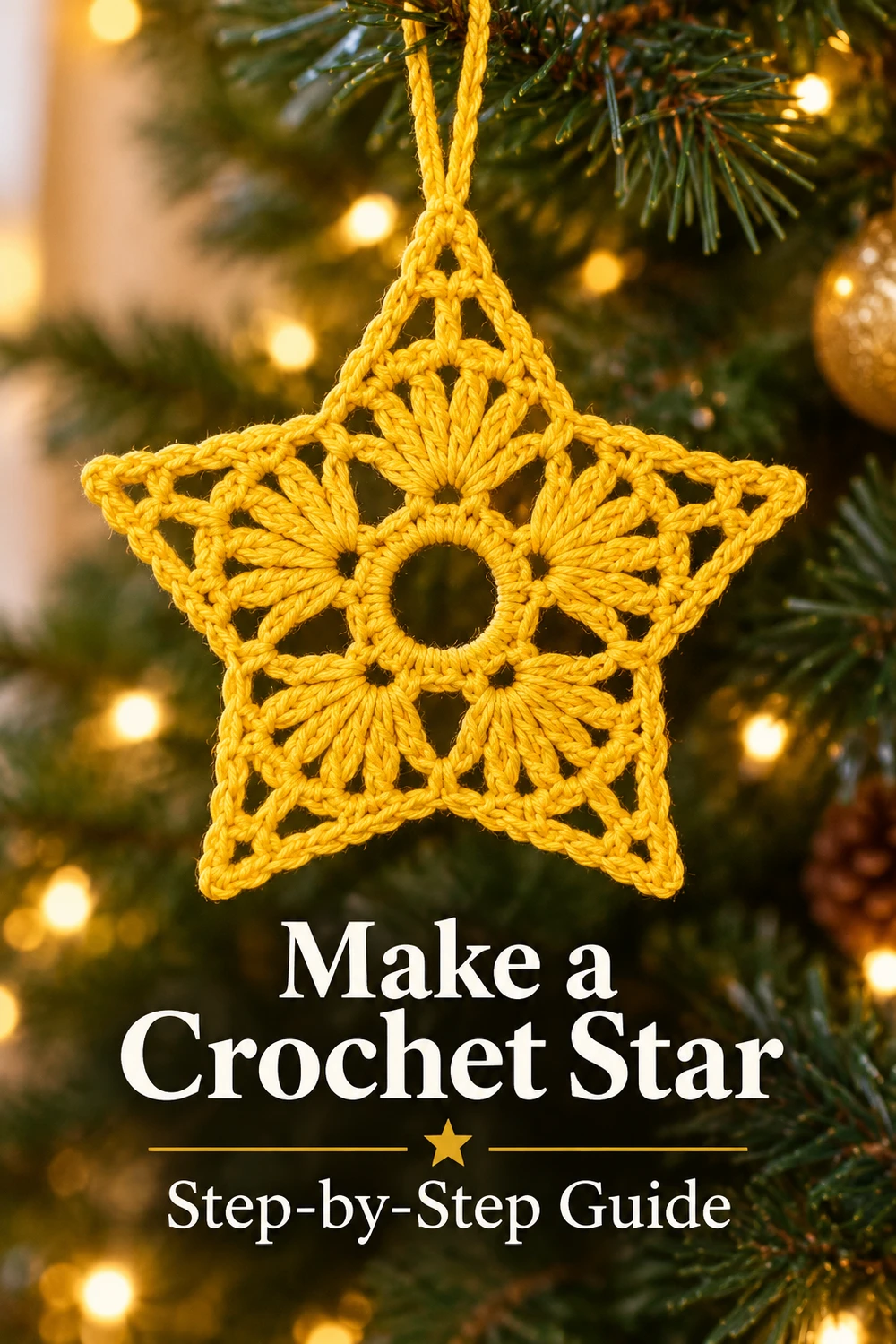 Yellow Five Point Star Crochet Pattern — Pinterest yellow crochet star hanging from pine