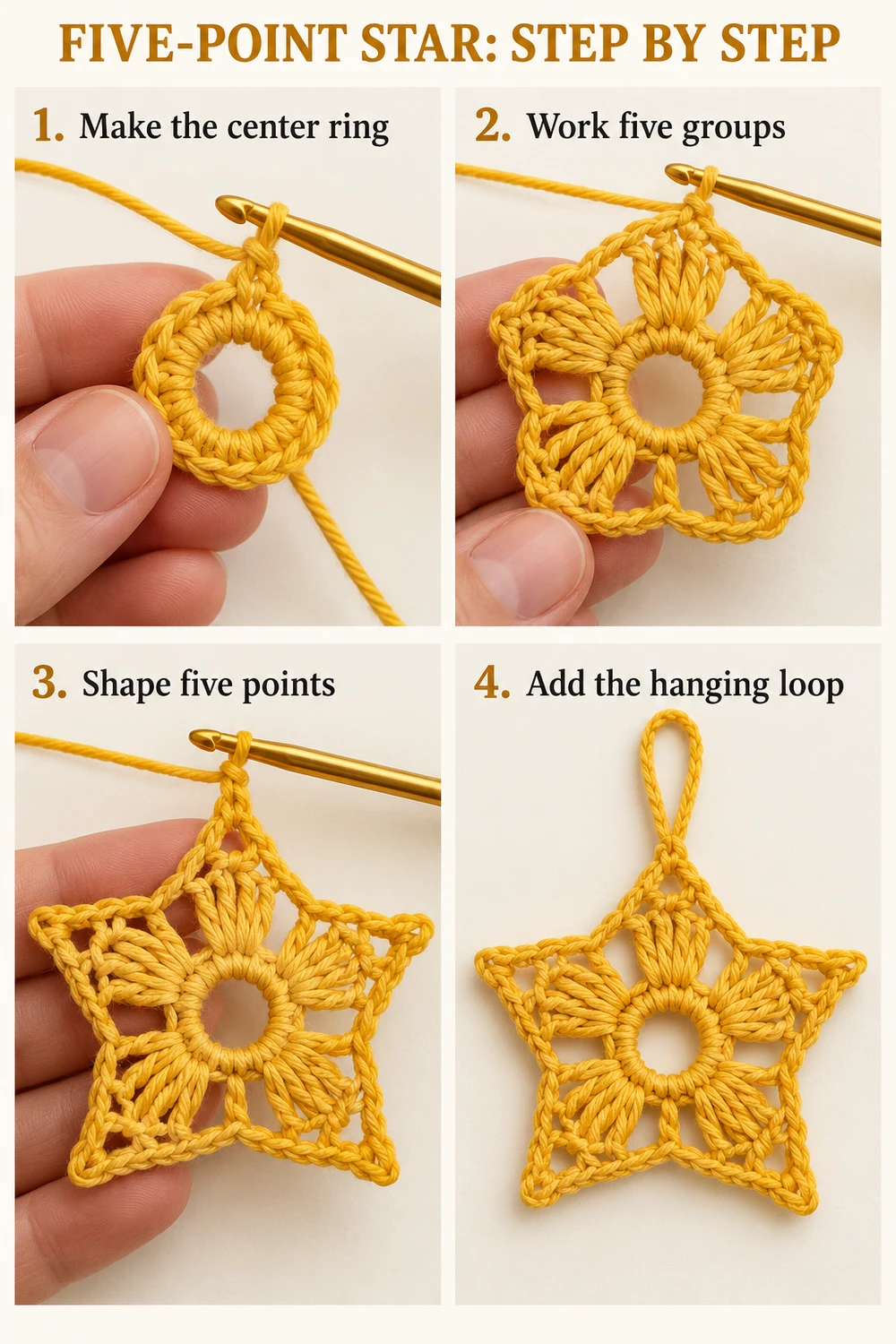 Yellow Five Point Star Crochet Pattern — step-by-step photo tutorial for the five-point star